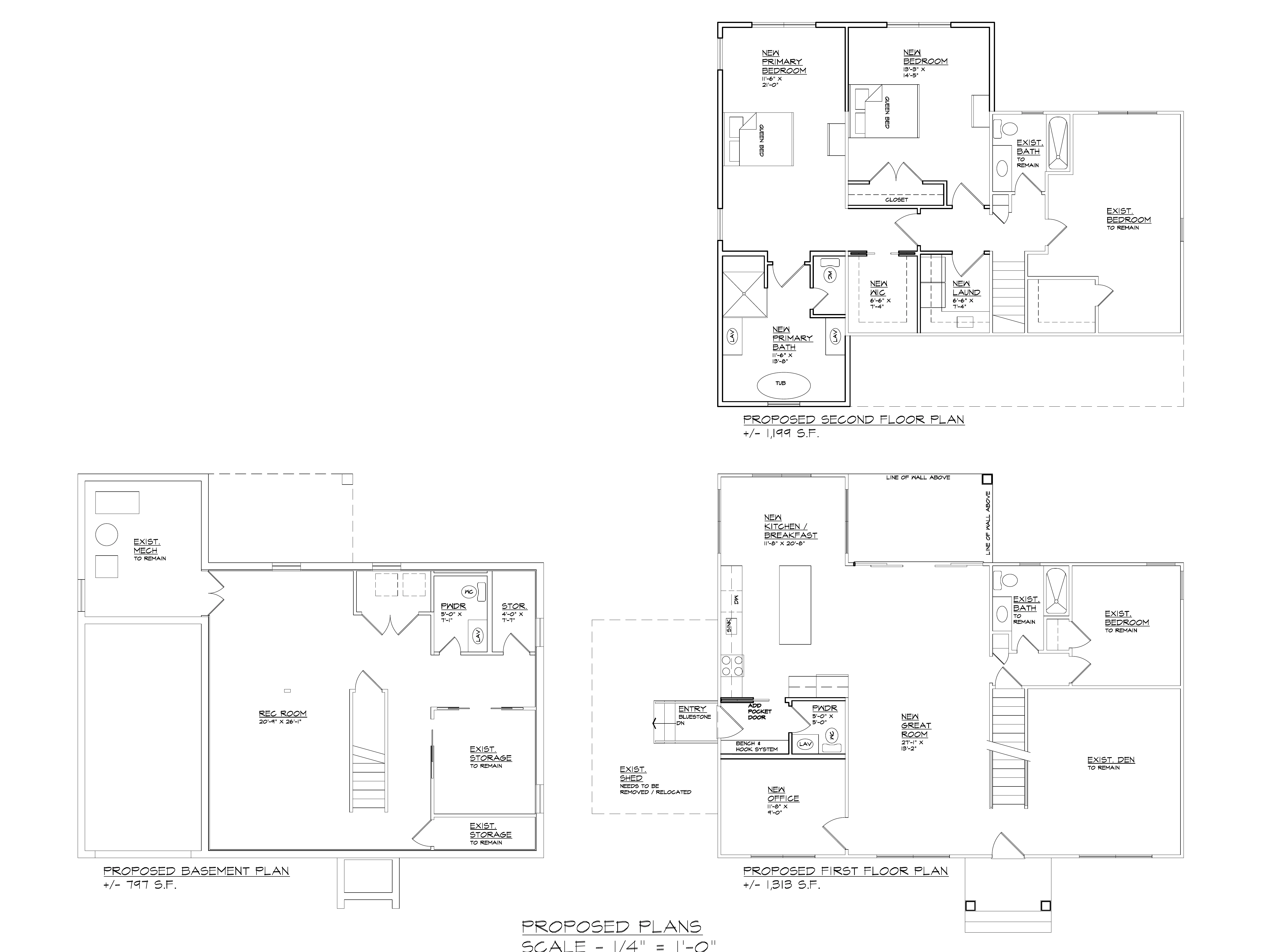 Complete proposed floor plan sheet showing basement, first floor and second floor